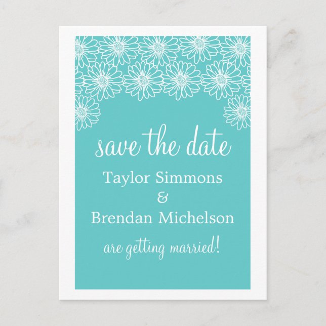 Whimsical Daisies Save the Date Postcard, Aqua Ankündigungspostkarte (Vorderseite)