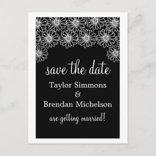 Whimsical Daisies Save the Date Postcard, Black Ankündigungspostkarte