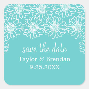 Whimsical Daisies Save the Date Stickers, Aqua Quadratischer Aufkleber