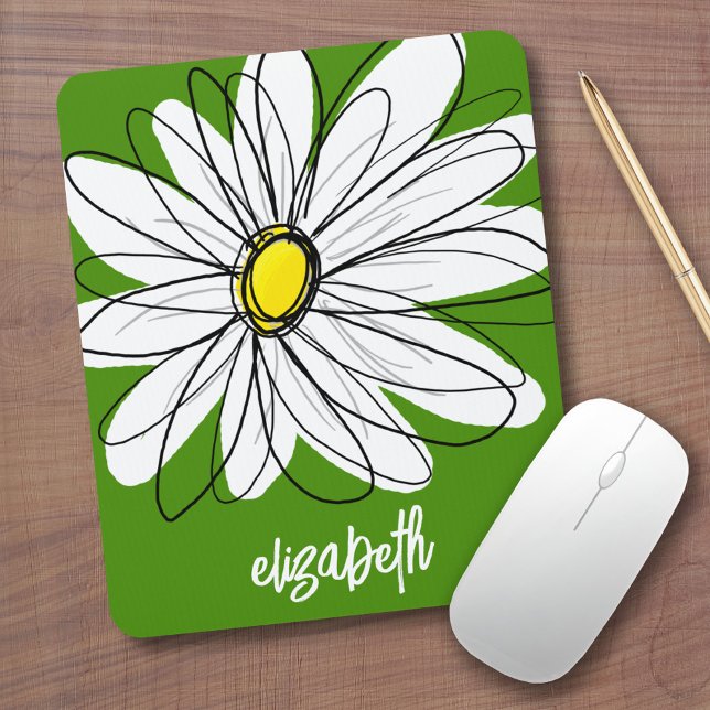 Whimsical Daisy - avocado green trendy script name Mousepad (Custom Mouse Pad - Add Name to this whimsical daisy design)