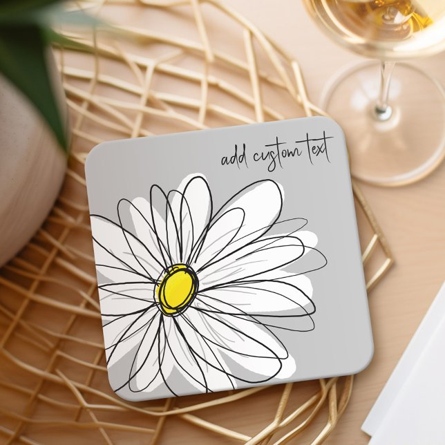 Whimsical Daisy - orchid - trendy script name Rechteckiger Pappuntersetzer (Personalized Coaster with a whimsical daisy)