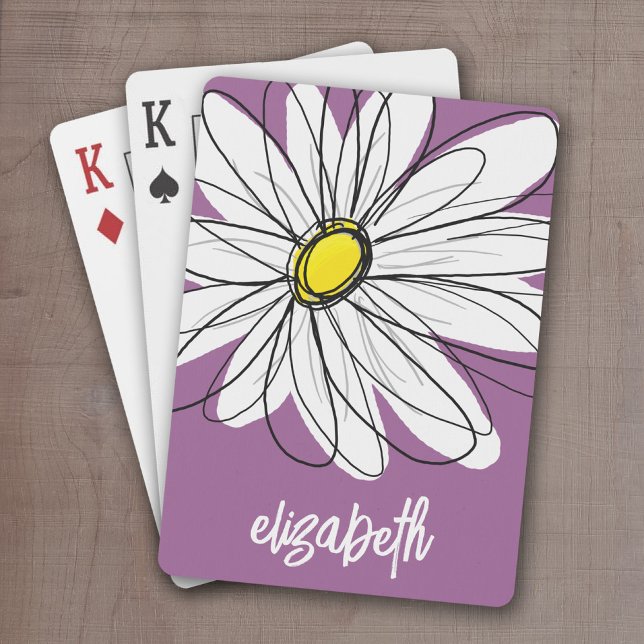 Whimsical Daisy - orchid - trendy script name Spielkarten (Whimsical Daisy Drawing with a place to add your name - personalized playing cards)