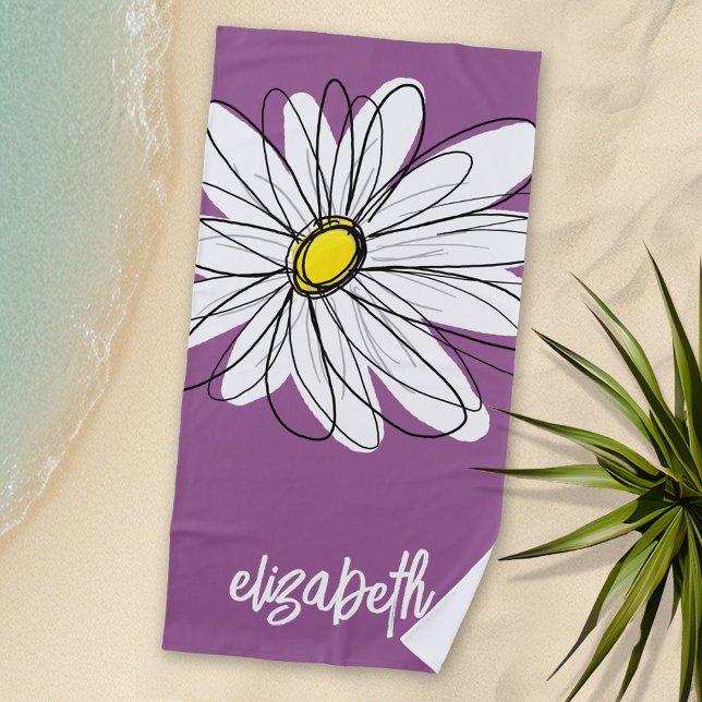 Whimsical Daisy - orchid - trendy script name Strandtuch (Personalized Beach Towel with Daisy and Text)