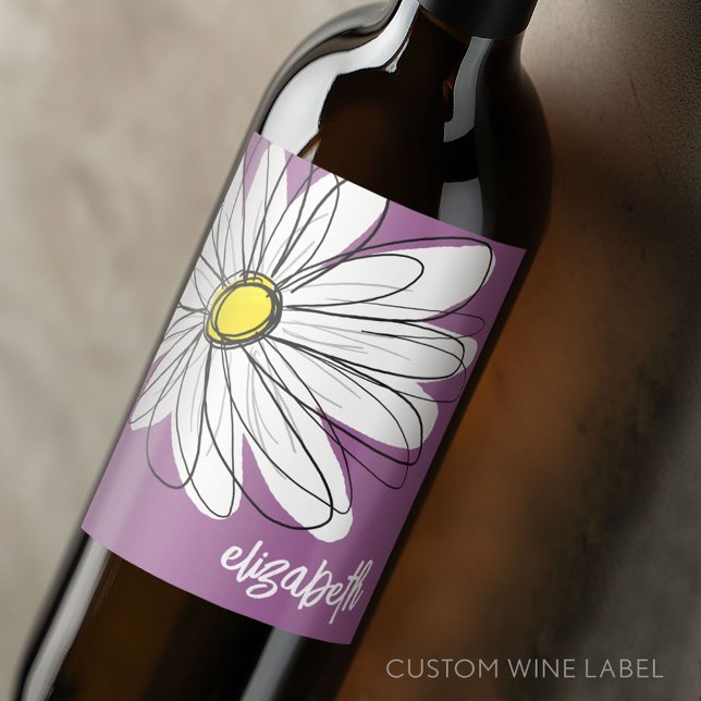 Whimsical Daisy - orchid - trendy script name Weinetikett (Custom Wine Bottle Label - Personalize a Sticker for a fun gift or memento)