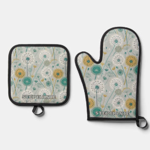 Whimsical Dandela - Gelb, Weiß und Aquamarin Ofenhandschuh & Topflappen-Set