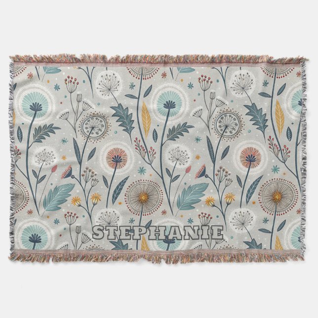 Whimsical Dandelion & Floral Folk Kunst Nahtlos Decke (Vorderseite)