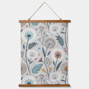 Whimsical Dandelion & Floral Folk Kunst Nahtlos Wandteppich Mit Holzrahmen