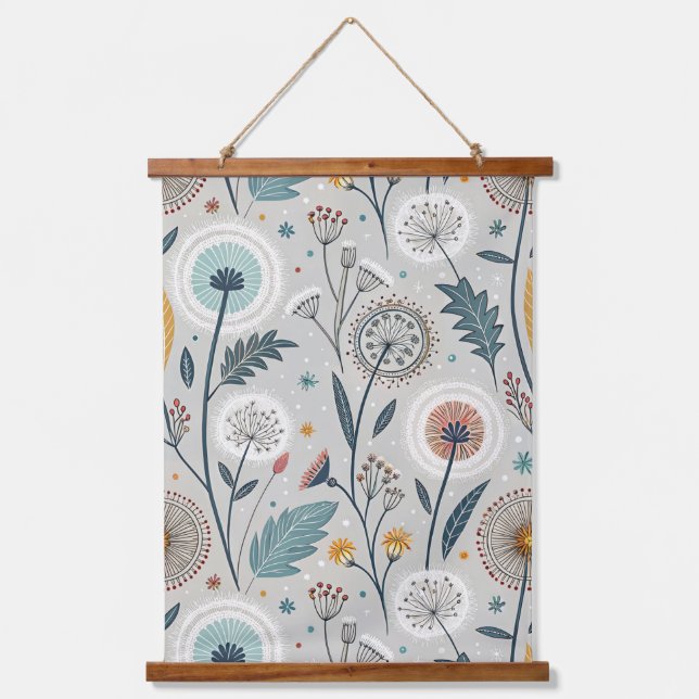 Whimsical Dandelion & Floral Folk Kunst Nahtlos Wandteppich Mit Holzrahmen (Vorderseite)