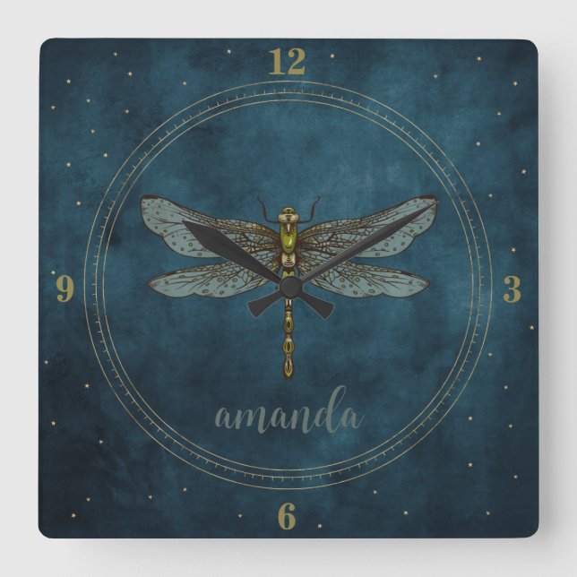 Whimsical Dark Blue Celestial Mystical Dragonfly Quadratische Wanduhr (Vorderseite)