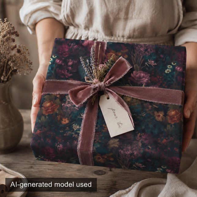 Whimsical Dark Moody Boho Floral Decoupage Geschenkpapier (Von Creator hochgeladen)