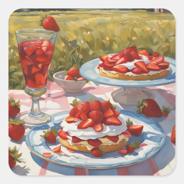 Whimsical decadent Strawberry Shortcake party Quadratischer Aufkleber (Vorderseite)