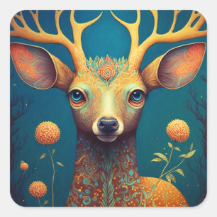 Whimsical Deer Fantasy Art Quadratischer Aufkleber