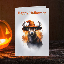 Whimsical Deer Orange Witch Hat Halloween Karte
