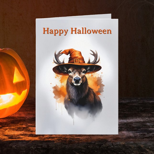 Whimsical Deer Orange Witch Hat Halloween Karte (Happy Halloween Stag Witch Hat Greeting Card. Spooky Season Deer witchy design notecard)