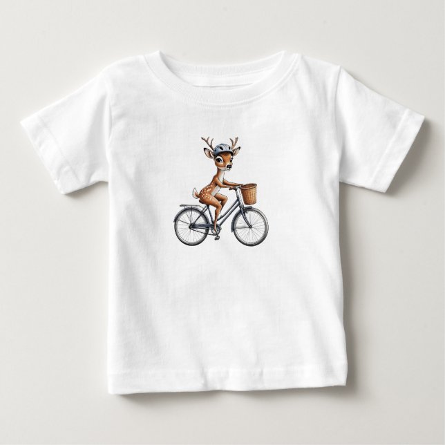 Whimsical Deer Riding a Bicycle - Hand Gezeichnet Baby T-shirt (Vorderseite)