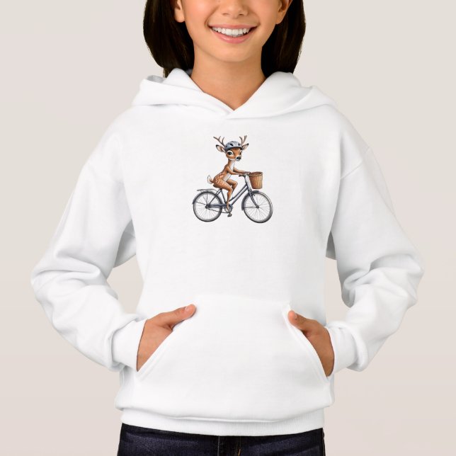 Whimsical Deer Riding a Bicycle - Hand Gezeichnet Hoodie (Vorderseite)
