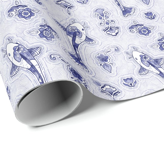 Whimsical Delft Blue Pottery Koi Wrapping Paper Geschenkpapier (Rolleneckpunkt)