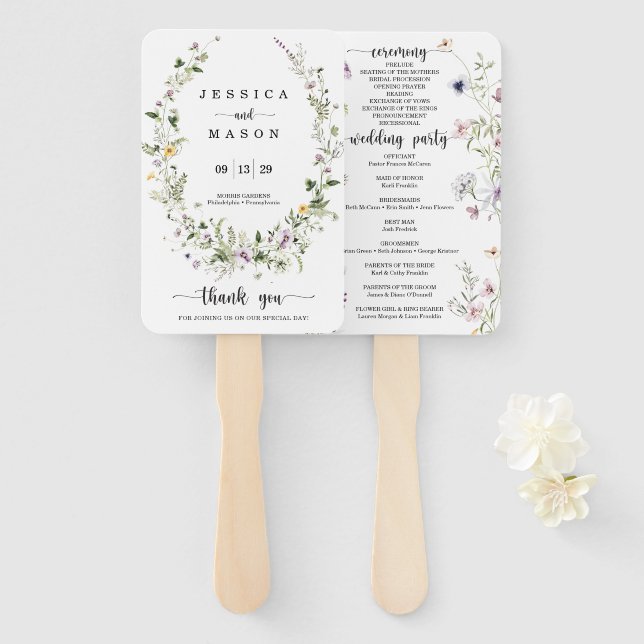 Whimsical Delicate Wildblume Wedding Program Fan Fächer (Vorne und Hinten)