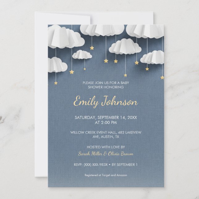 Whimsical Denim Blue Baby Shower Einladungskarte Einladung (Vorderseite)