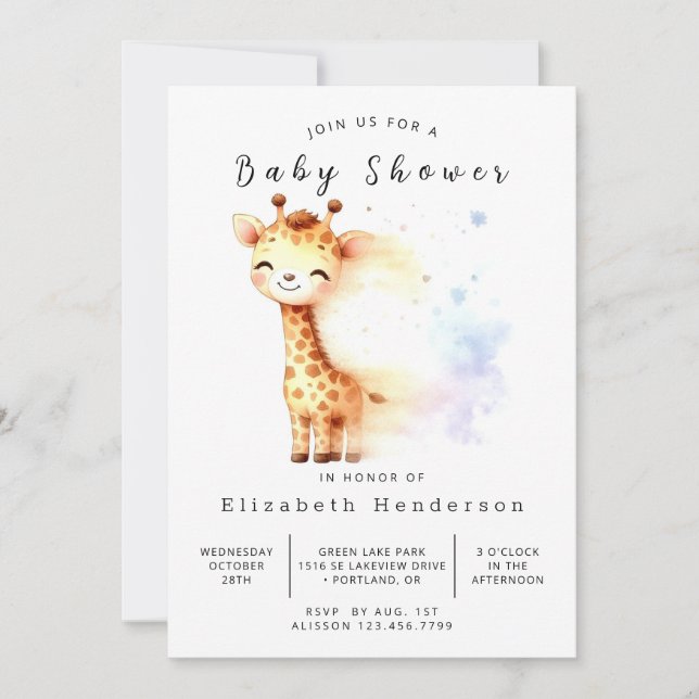 Whimsical Digital Giraffe Baby Dusche Einladung (Vorderseite)