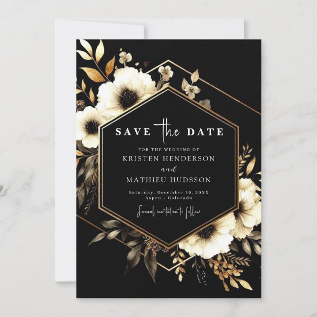 Whimsical Digital Gold und Black Wedding Save The Date (Vorderseite)