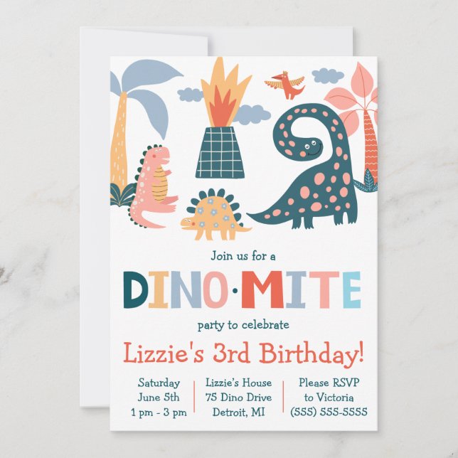 Whimsical Dino-Mite Dinosaur Themed Birthday Party Einladung (Vorderseite)