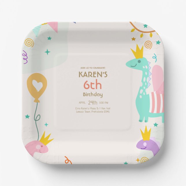 Whimsical Dinosaurier Princess Birthday Pappteller (Vorderseite)