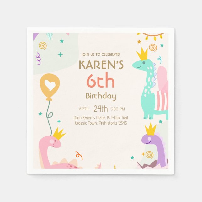 Whimsical Dinosaurier Princess Birthday Serviette (Vorderseite)