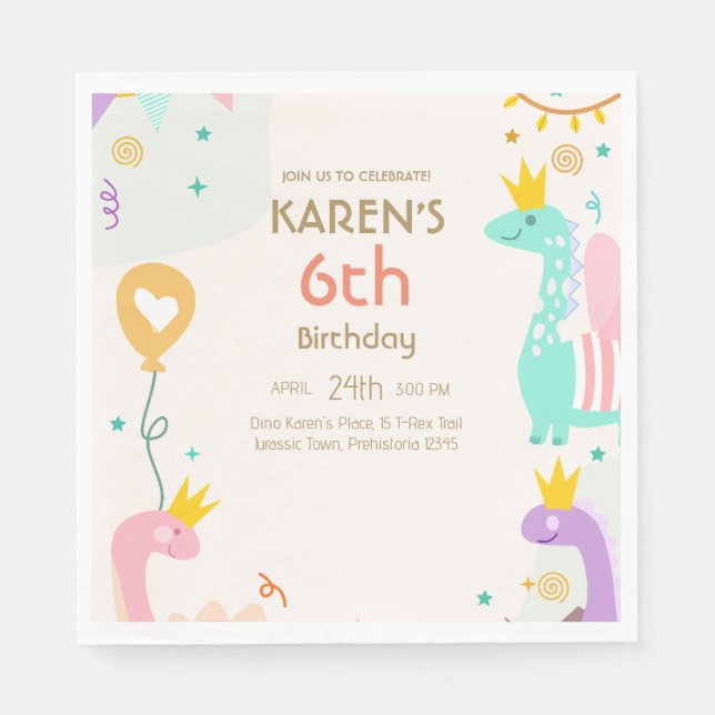 Whimsical Dinosaurier Princess Birthday Serviette (Vorderseite)