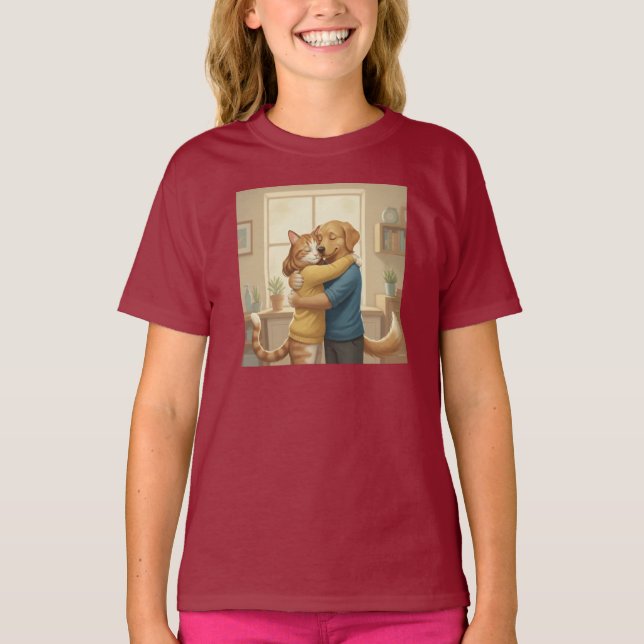 Whimsical Dog and Cat Hug Girls' T-Shirt (Vorderseite)