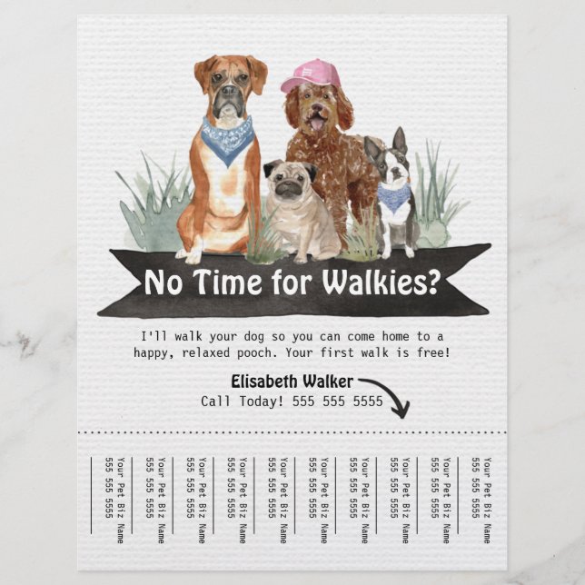 Whimsical Dog Walker Flyer mit Aquarellhunden (Vorne)