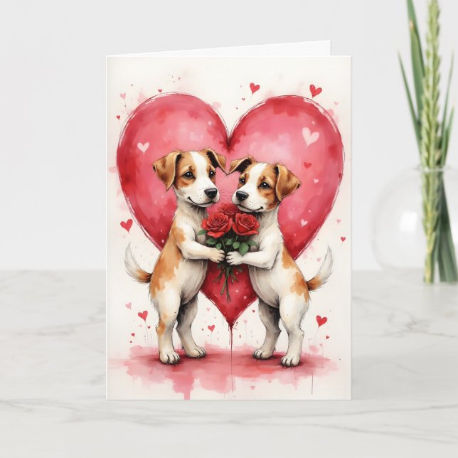 Whimsical Dogs Valentine Hearts and Red Roses Karte (Vorderseite)