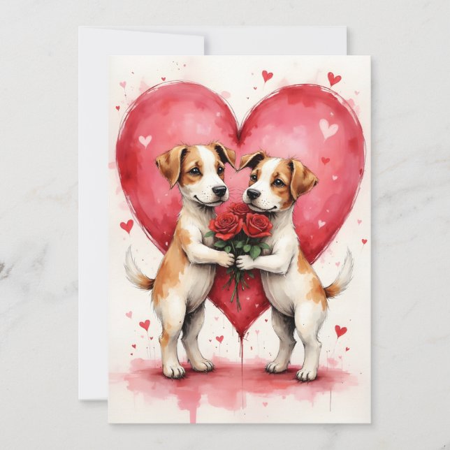 Whimsical Dogs Valentine Hearts and Red Roses Karte (Vorderseite)
