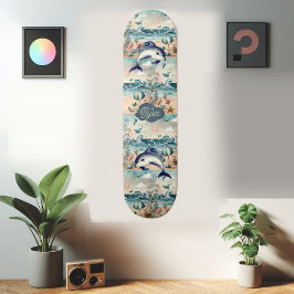 Whimsical Dolphin Boho Ocean Waves Beach Tropical Skateboard