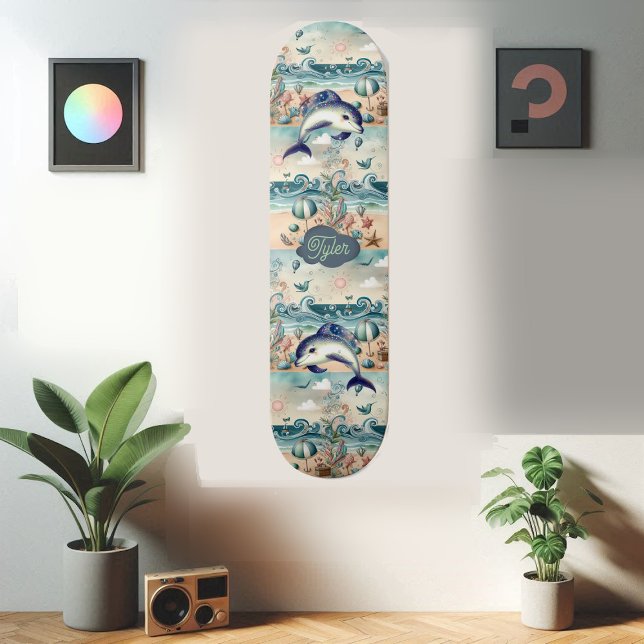 Whimsical Dolphin Boho Ocean Waves Beach Tropical Skateboard (Whimsical Dolphin Boho Ocean Waves Beach Tropical Skateboard)