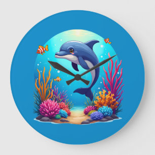 Whimsical Dolphin in einem lebendigen Korallenriff Große Wanduhr