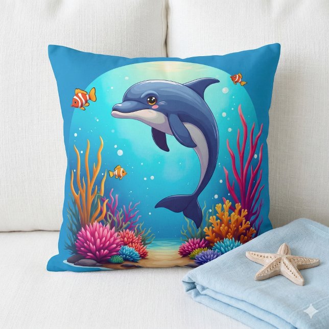 Whimsical Dolphin in einem lebendigen Korallenriff Kissen (Whimsical Dolphin in Vibrant Coral Reef Throw Pillow Mockup A)