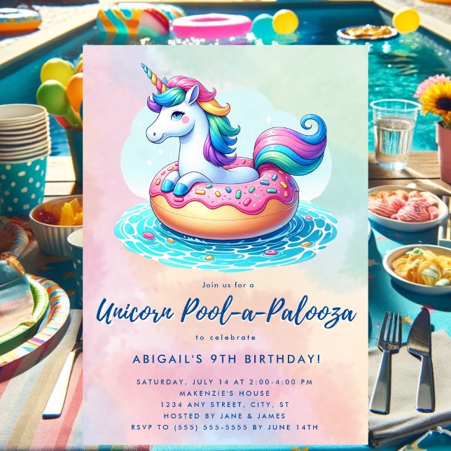 Whimsical Donut Rainbow Unicorn Pool Party Einladung (Unicorn pool party birthday invitation.)