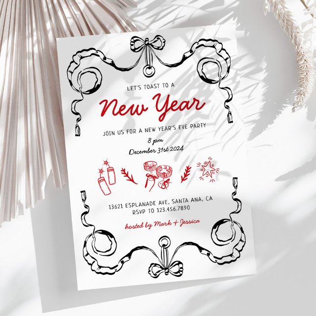 Whimsical Doodle Black and Red New Year Party Einladung (Von Creator hochgeladen)