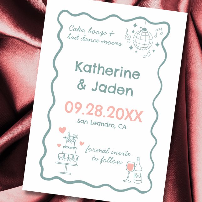 Whimsical Doodle Blau Karte zur Speicherung des Te (Whimsical, fun, doodle, wedding save the date card)