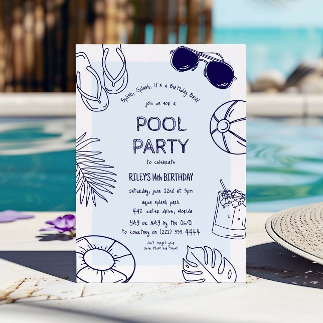 Whimsical Doodle Boy Pool Party Geburtstag Einladung (Von Creator hochgeladen)