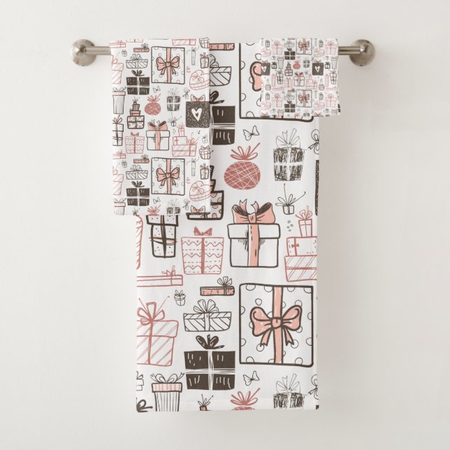 Whimsical Doodle Geschenke Zeichnend Rosa Weihnach Badhandtuch Set (Insitu)