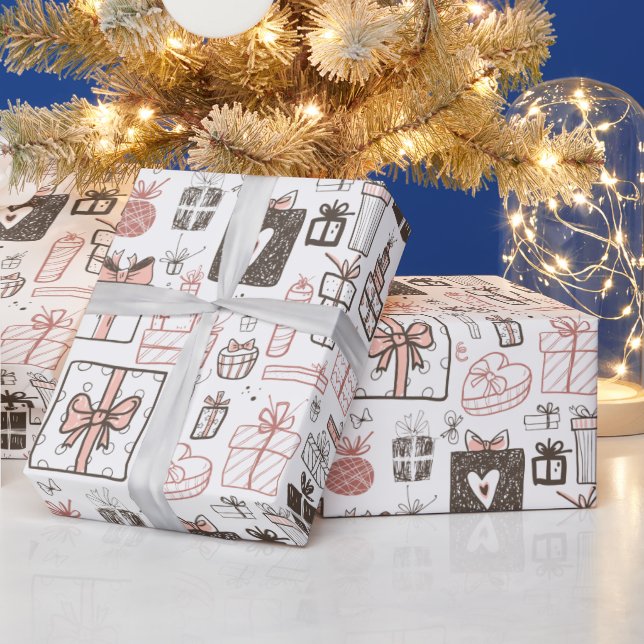 Whimsical Doodle Geschenke Zeichnend Rosa Weihnach Geschenkpapier (Feiertage)