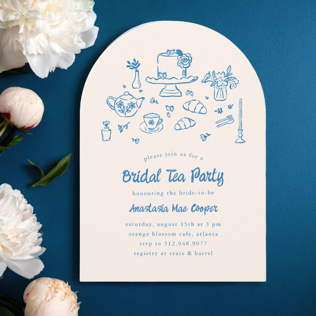 Whimsical Doodle Hand Drawn Bridal Tee Party Einladung (charming bridal tea party invitation with hand-drawn illustrations of cake, tea pot, tea cups, etc.)