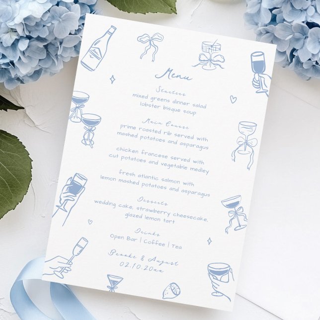 Whimsical Doodle Hand Drawn Dusty Blue Wedding Menükarte (Von Creator hochgeladen)