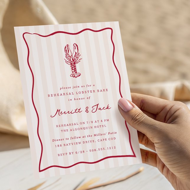 Whimsical Doodle Hummer Bake Probe Abendessen Einladung (Coastal lobster rehearsal dinner invitations)