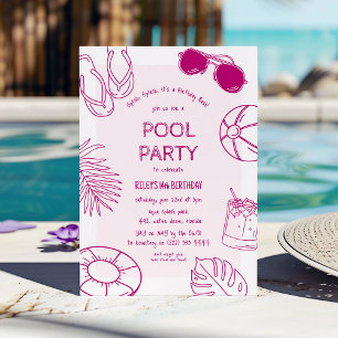 Whimsical Doodle Mädchen Poolparty Geburtstag Einladung