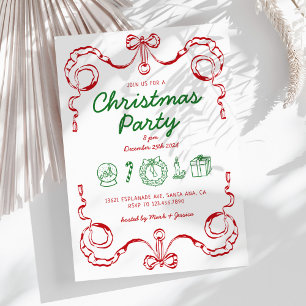 Whimsical Doodle Red and Green Christmas Party Einladung