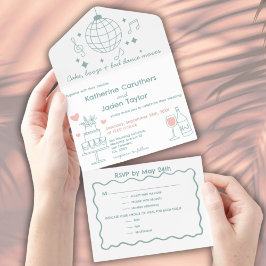 Whimsical doodle styled blue wedding All-in-One-Einladung