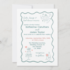 Whimsical doodle styled blue wedding Invitation Einladung